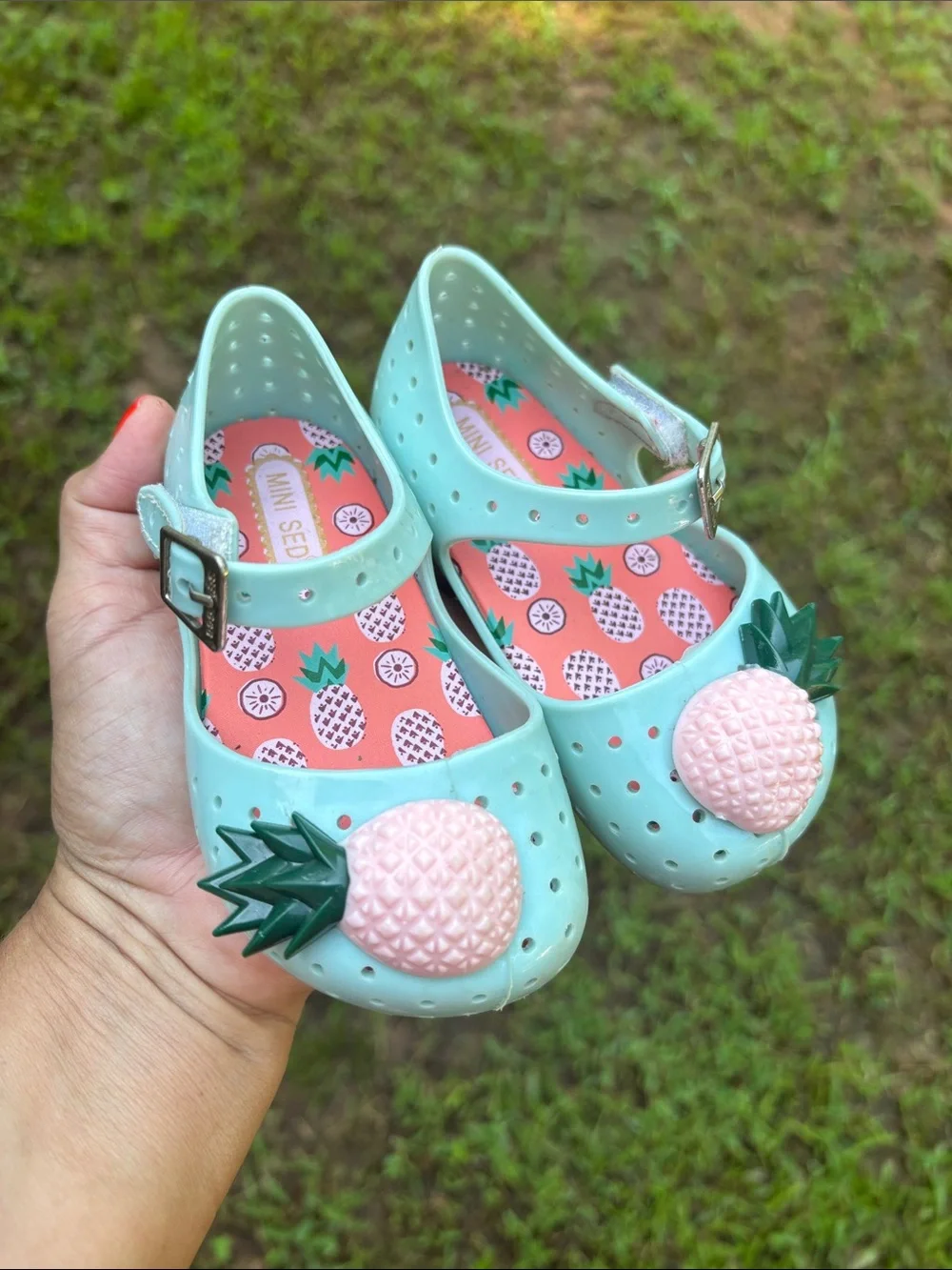 Mini Seed Mint Jelly Mary Janes with Pink Pineapple Appliqués
